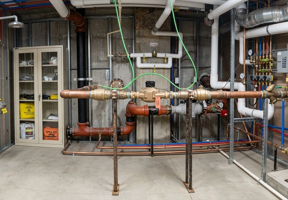 Industrial Plumbing System with Pipes and Valves in a Maintenance Room